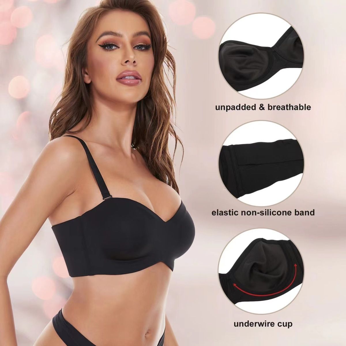 Removable Shoulder Straps Plunge Type Ultra-thin Large Cup Strapless Non-Slip Bra